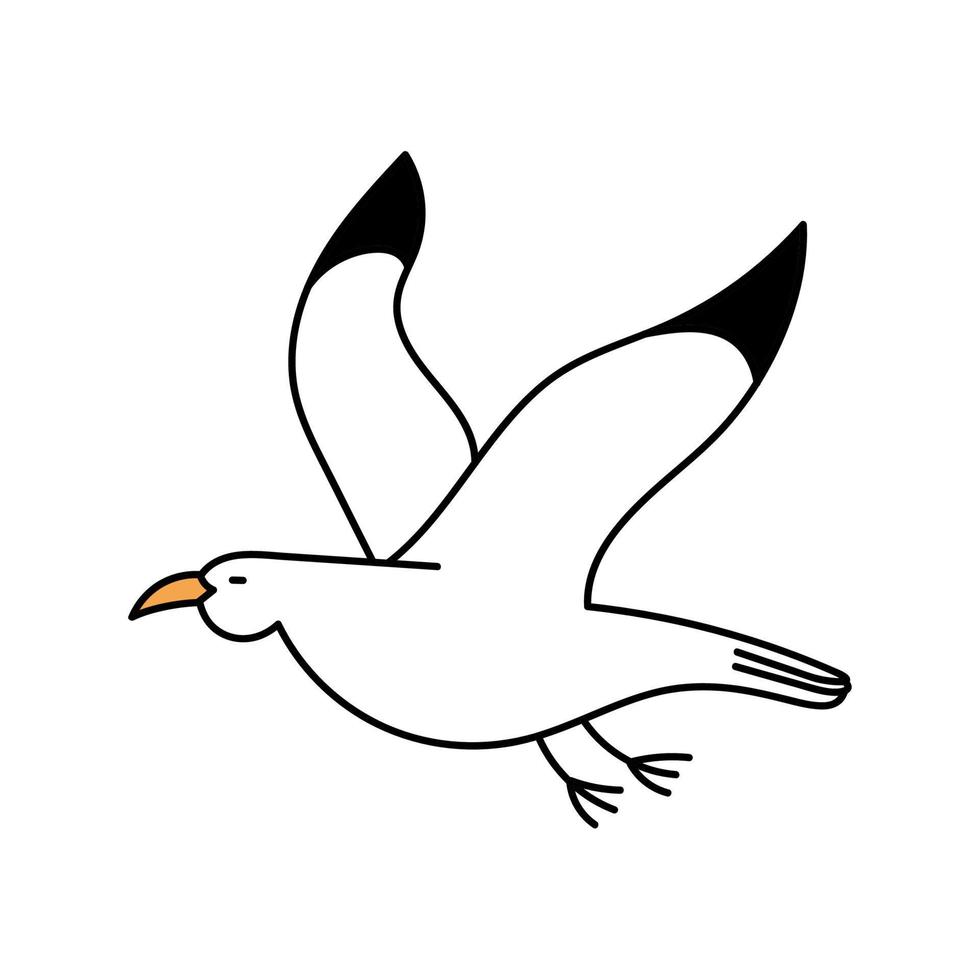 Cute seagull in doodle style. White bird. Simple illustration isolated on white background. Summer icon vector