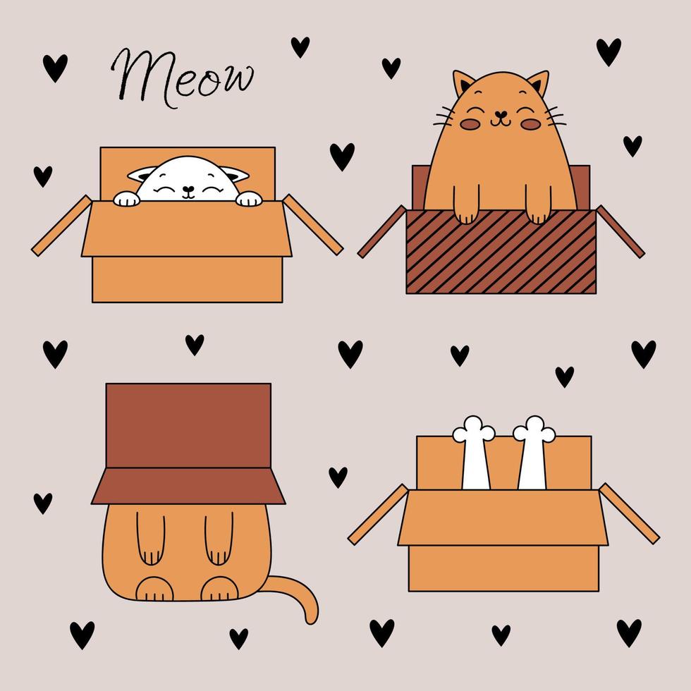 Set of cute doodle cats. Funny cats in a box. Vector illustration with pets