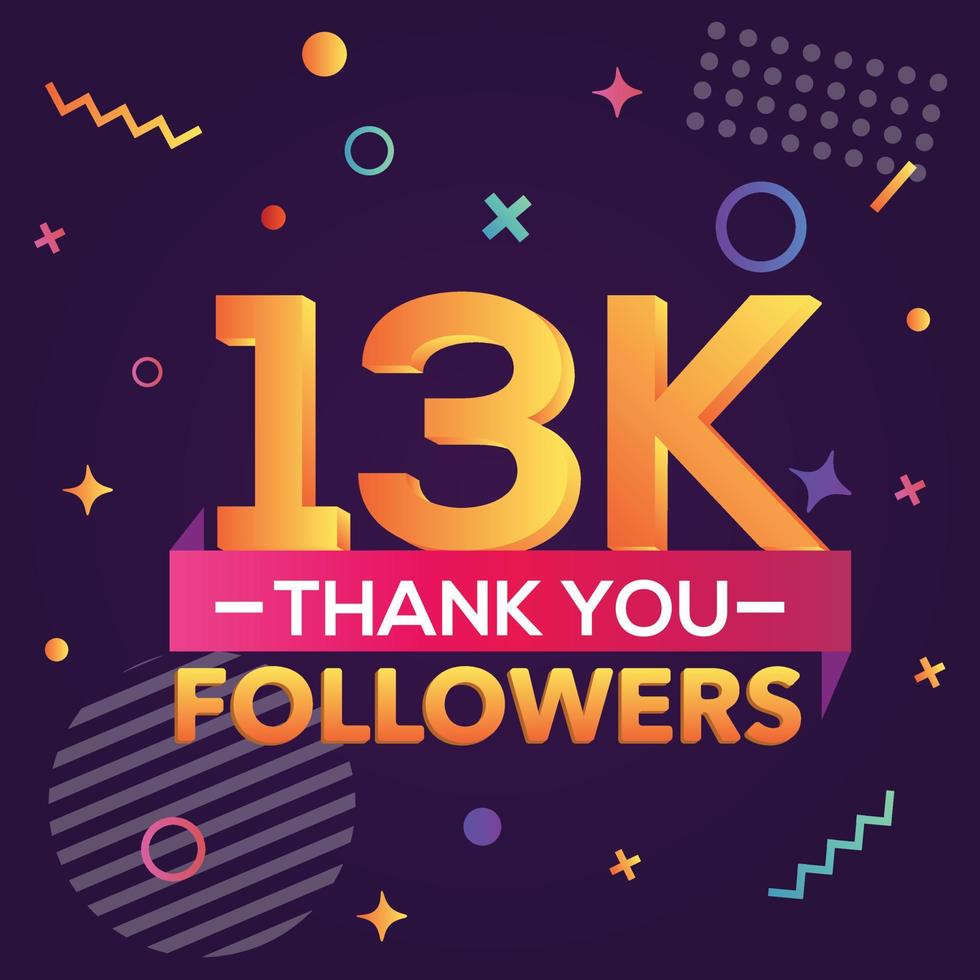 Thank you 13000 followers,thanks banner.First 13K follower congratulation card with geometric figures,lines,squares,circles for Social Networks.Web blogger celebrate a large number of subscribers. vector