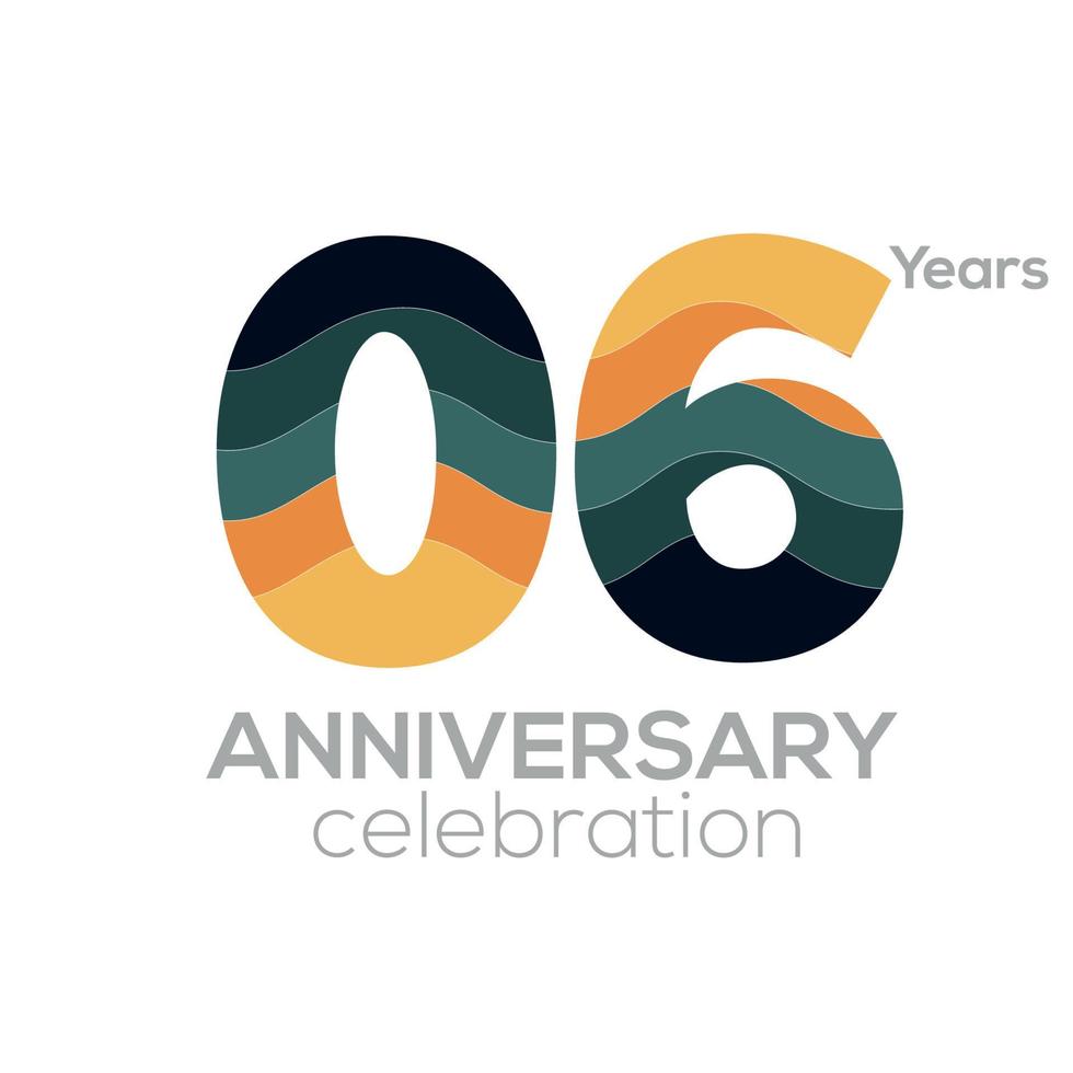 Diseño del logotipo del sexto aniversario, plantilla de vector de icono número 06.paletas de colores minimalistas