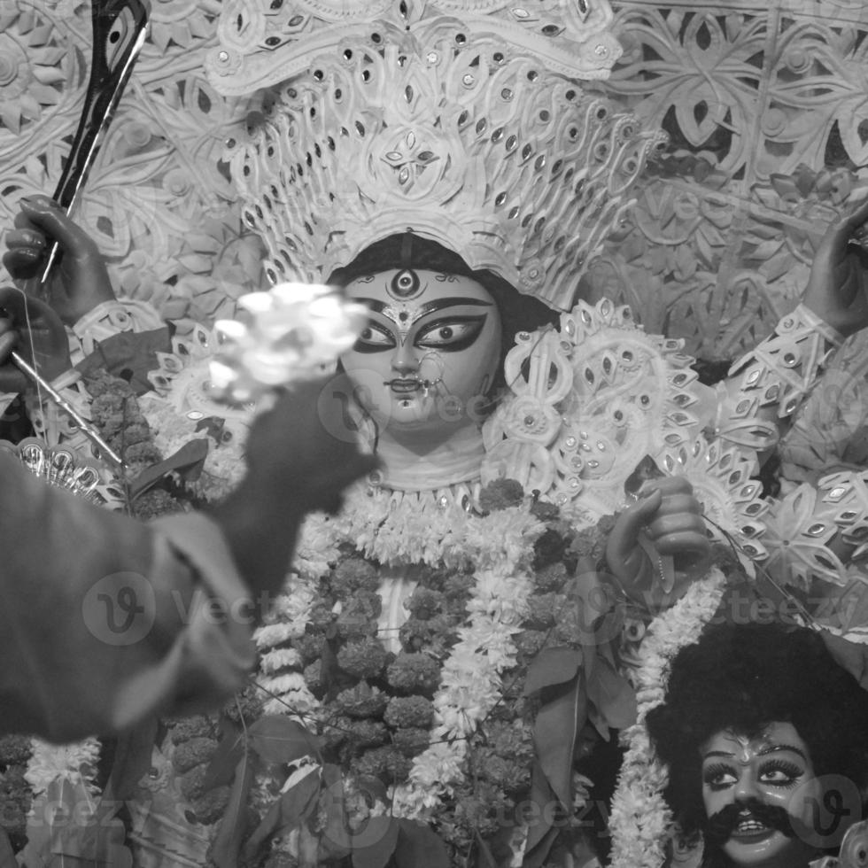 Goddess Durga with traditional look in close up view at a South Kolkata Durga Puja, Durga Puja Idol, A biggest Hindu Navratri festival in India Black and White photo