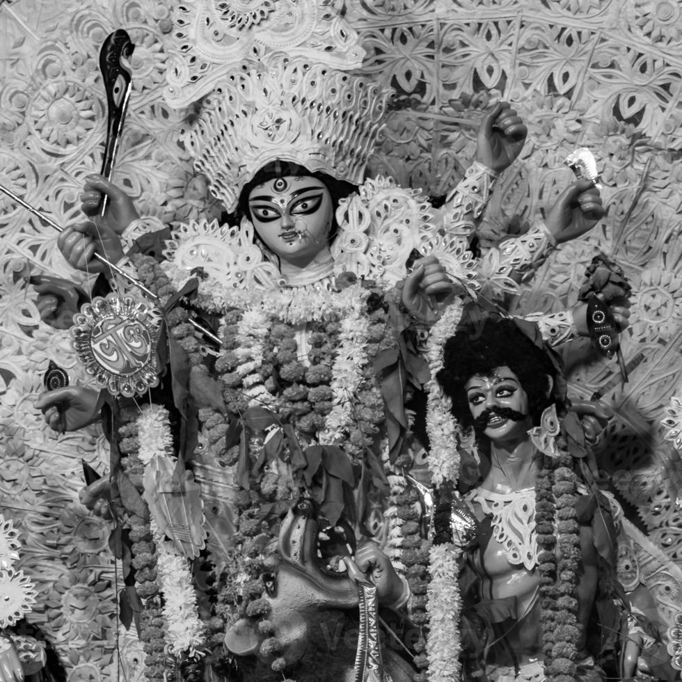 Goddess Durga with traditional look in close up view at a South Kolkata Durga Puja, Durga Puja Idol, A biggest Hindu Navratri festival in India Black and White photo
