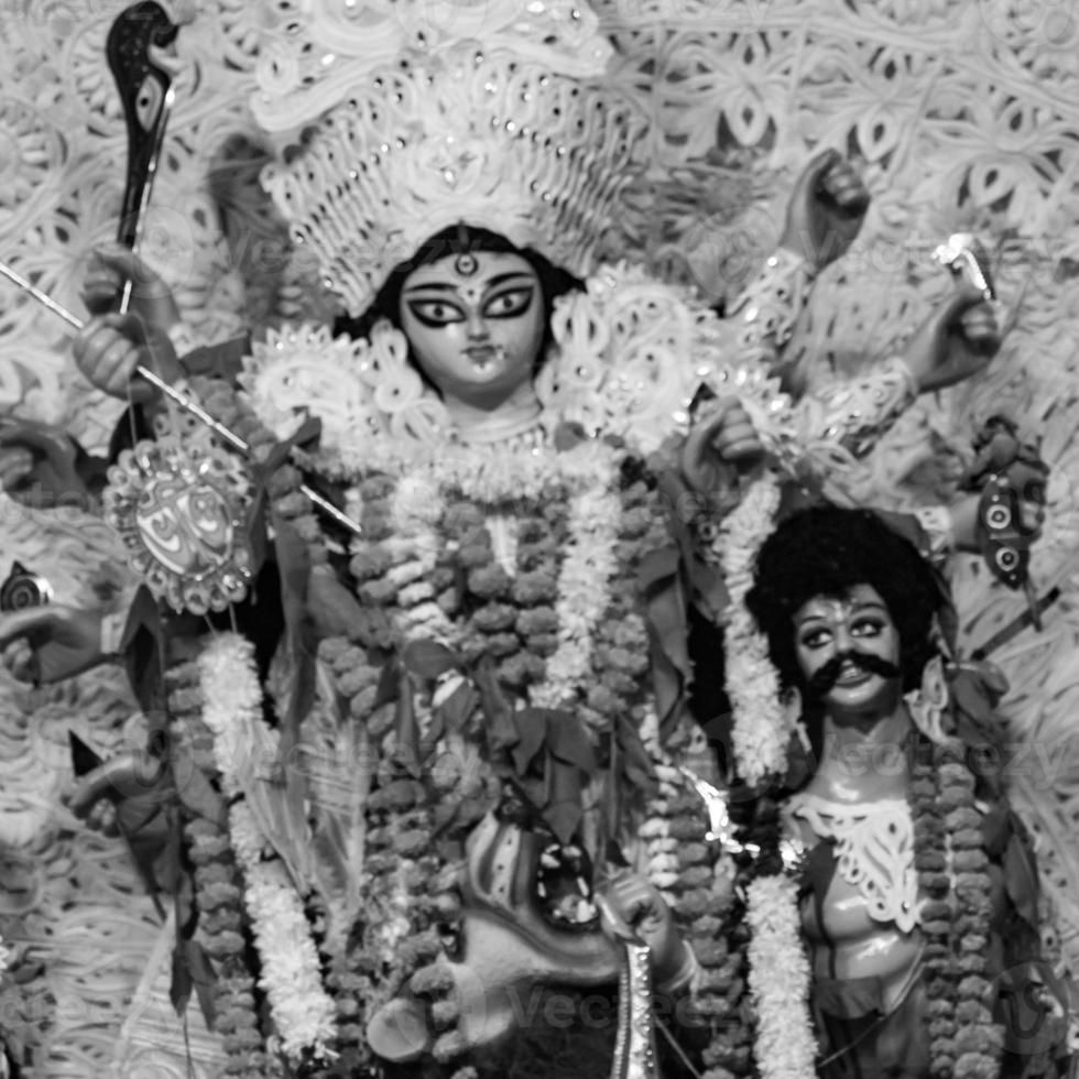 Goddess Durga with traditional look in close up view at a South Kolkata Durga Puja, Durga Puja Idol, A biggest Hindu Navratri festival in India Black and White photo