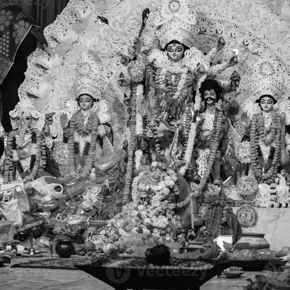 Goddess Durga with traditional look in close up view at a South Kolkata Durga Puja, Durga Puja Idol, A biggest Hindu Navratri festival in India Black and White photo