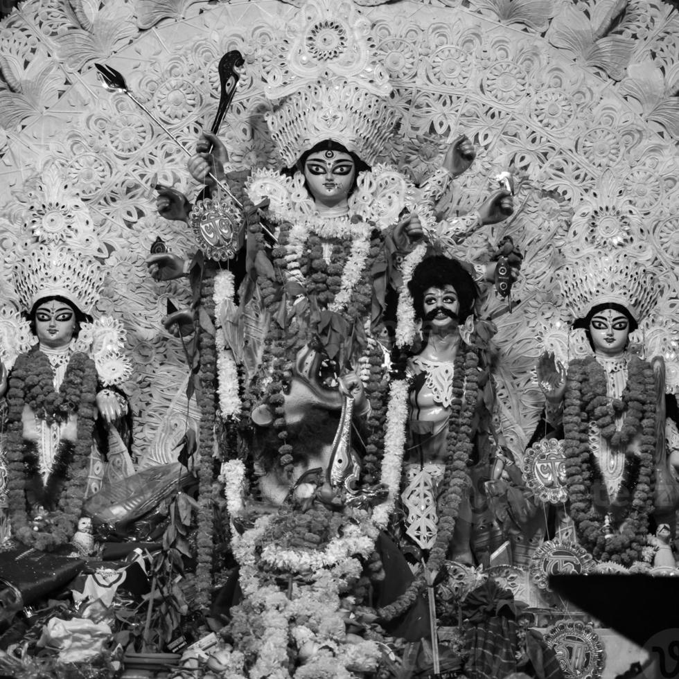 Goddess Durga with traditional look in close up view at a South Kolkata Durga Puja, Durga Puja Idol, A biggest Hindu Navratri festival in India Black and White photo