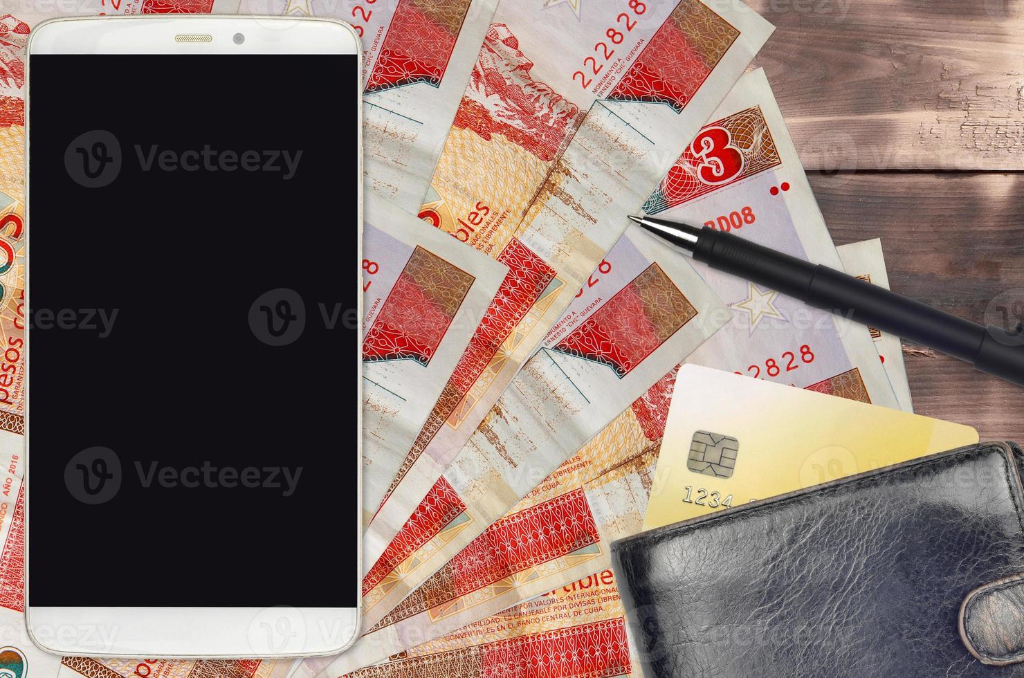 3 cuban pesos convertibles bills and smartphone with purse and credit card. E-payments or e-commerce concept. Online shopping and business with portable devices photo