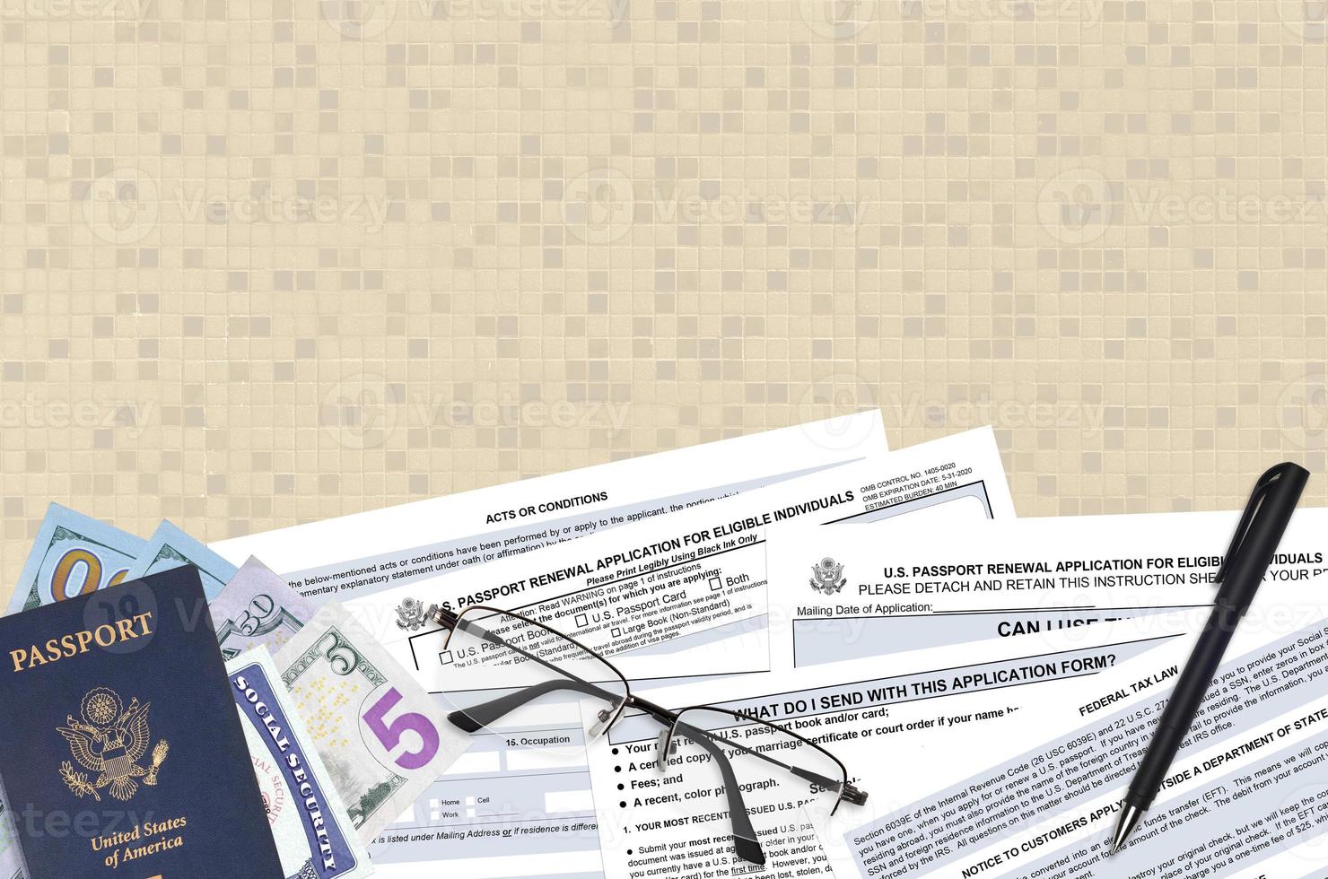 Department of State form DS82 U.S. Passport renewal application for eligible individuals lies on table and ready to fill. Paperwork during operations with US Passport concept photo
