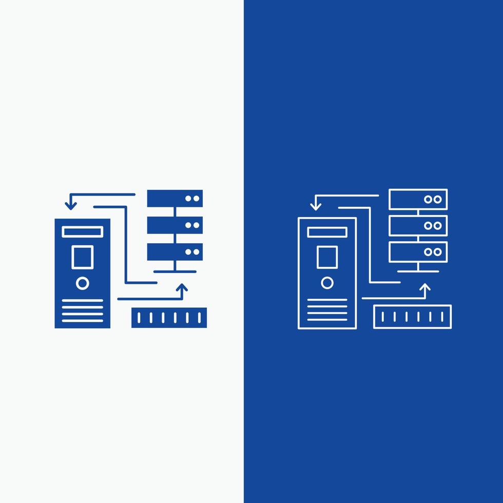 combinación. datos. base de datos. electrónico. línea de información y botón web de glifo en banner vertical de color azul para ui y ux. sitio web o aplicación móvil vector