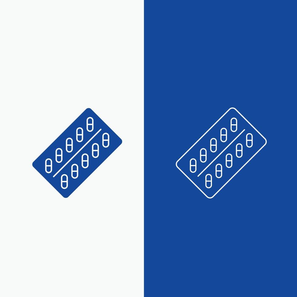 medicine. Pill. drugs. tablet. packet Line and Glyph web Button in Blue color Vertical Banner for UI and UX. website or mobile application vector