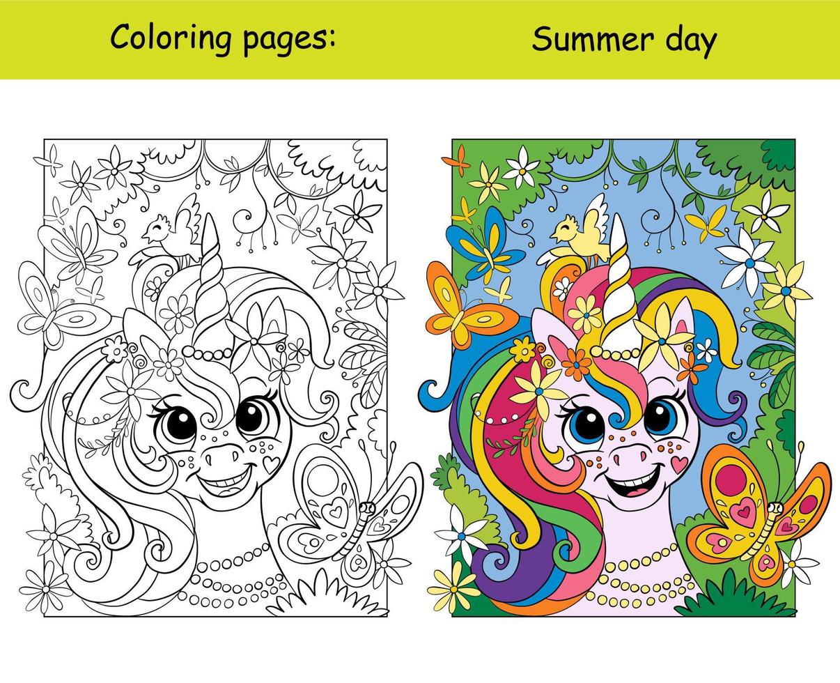 Cute dreaming unicorn with with butterflies coloring and color vector