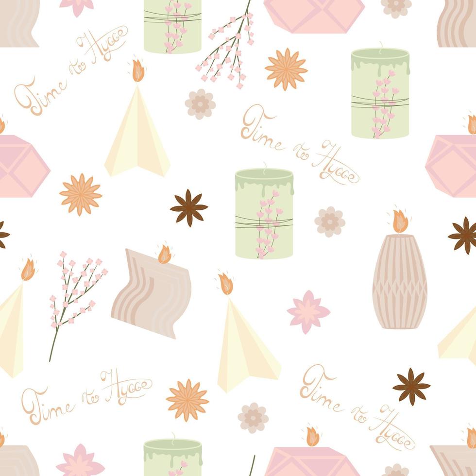 Seamless pattern background with handmade scented soy and coconut wax candles and flower branches, leaves, coffee, anise, flower heads in scandinavian folk hygge style vector