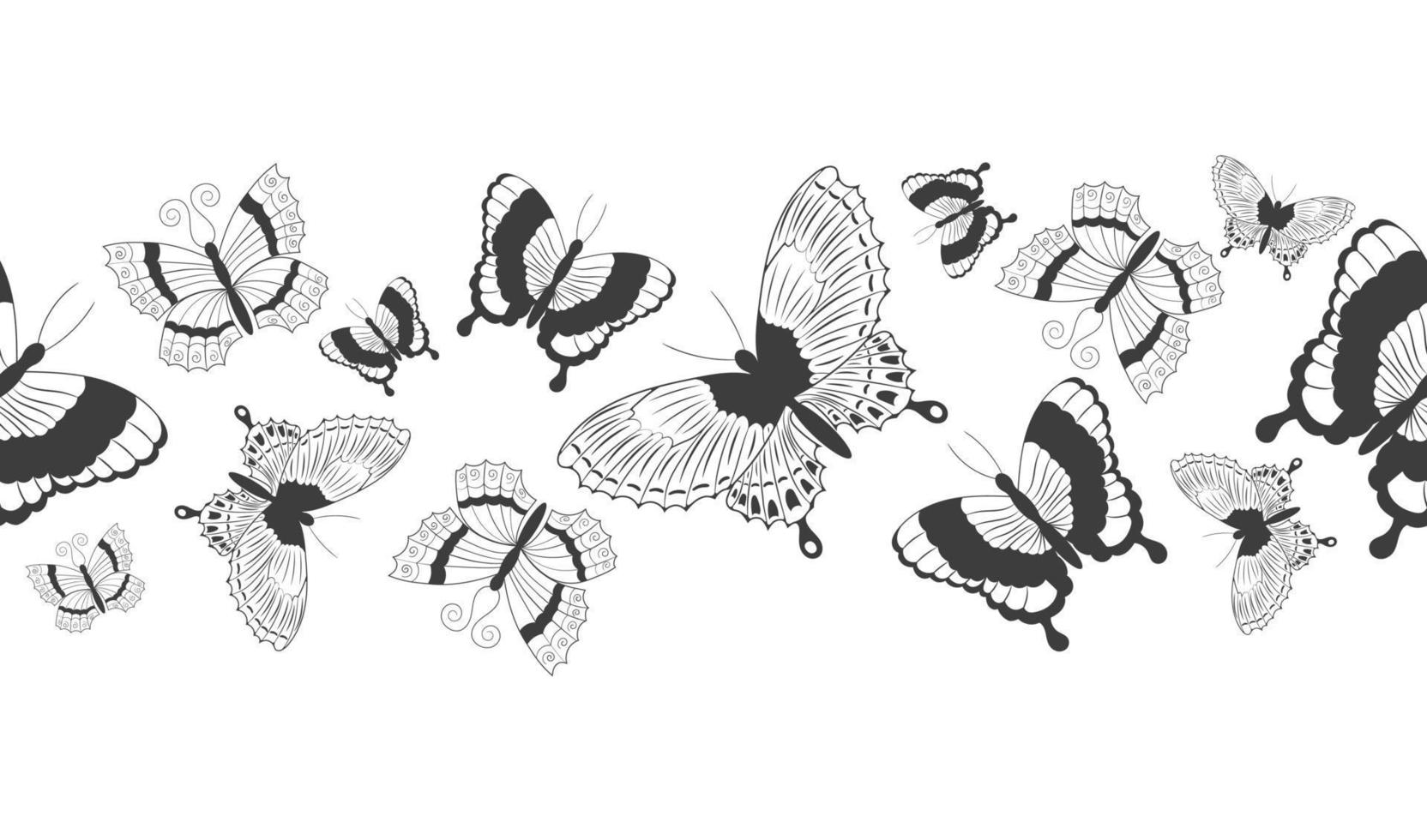 Seamless border banner with abstract black silhouette of cute flying butterflies isolated on white background for decorative tape vector