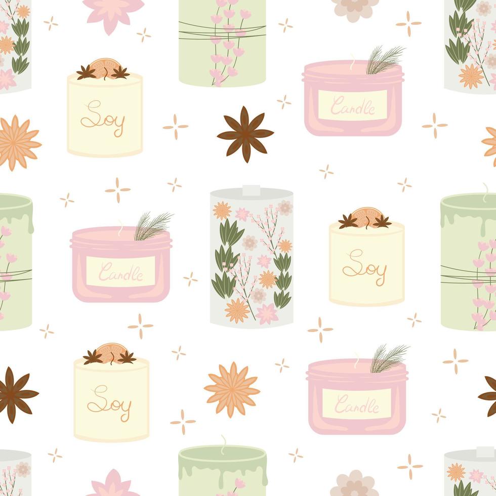 Seamless pattern background with handmade scented soy and coconut wax candles and flowers head in scandinavian folk hygge style vector