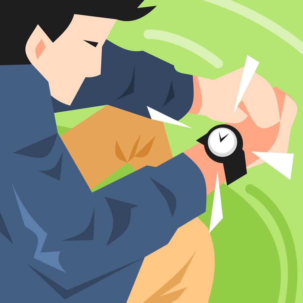 illustration of a man looking at a watch. concept on time, work, late, time, business. flat vector style