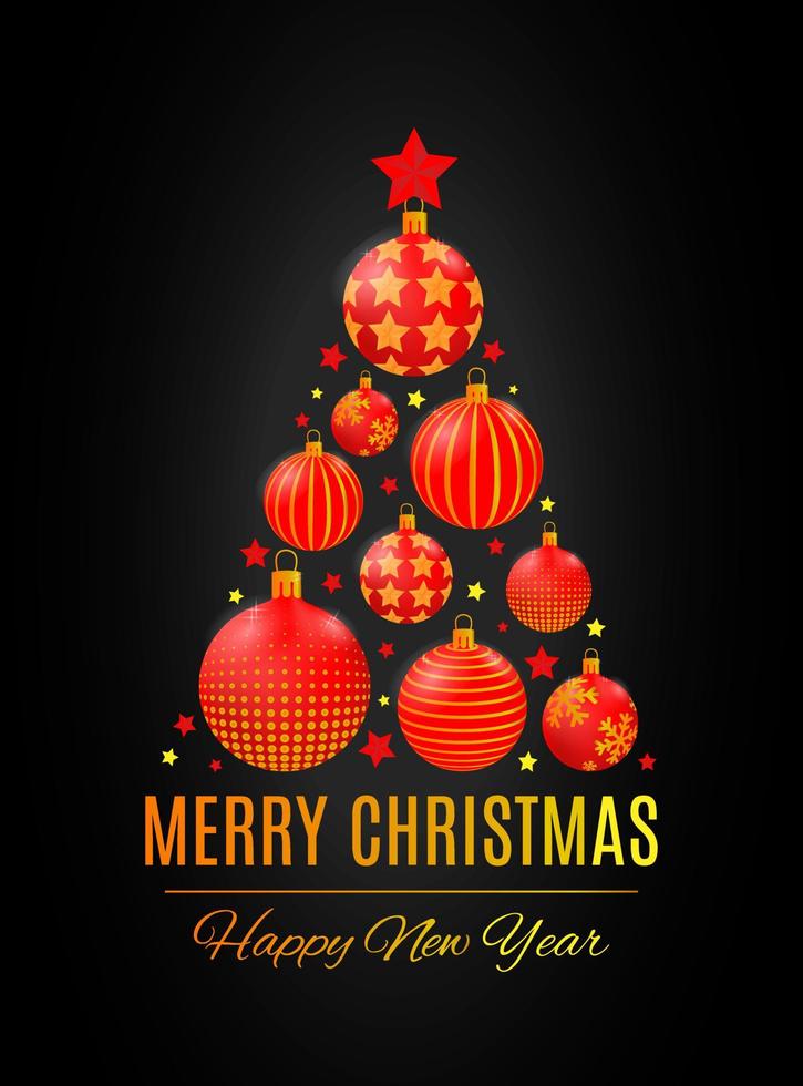 Postcard with Christmas tree in red and gold colors with stars and christmas balls. vector