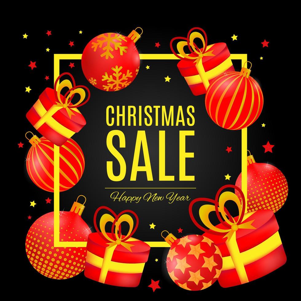 Sale banner with Christmas balls in red and gold colors and gifts. vector