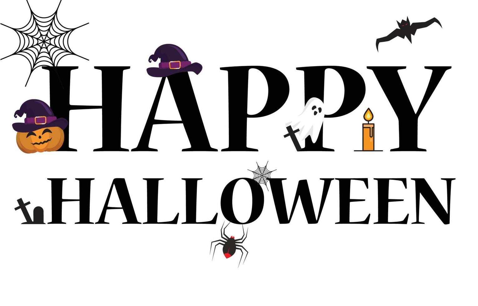 letras vectoriales banner de texto feliz halloween con pumskin, araña, fantasma y murciélago. feliz diseño de haloween para pancarta, afiche, invitación de fiesta y tarjeta de felicitación vector