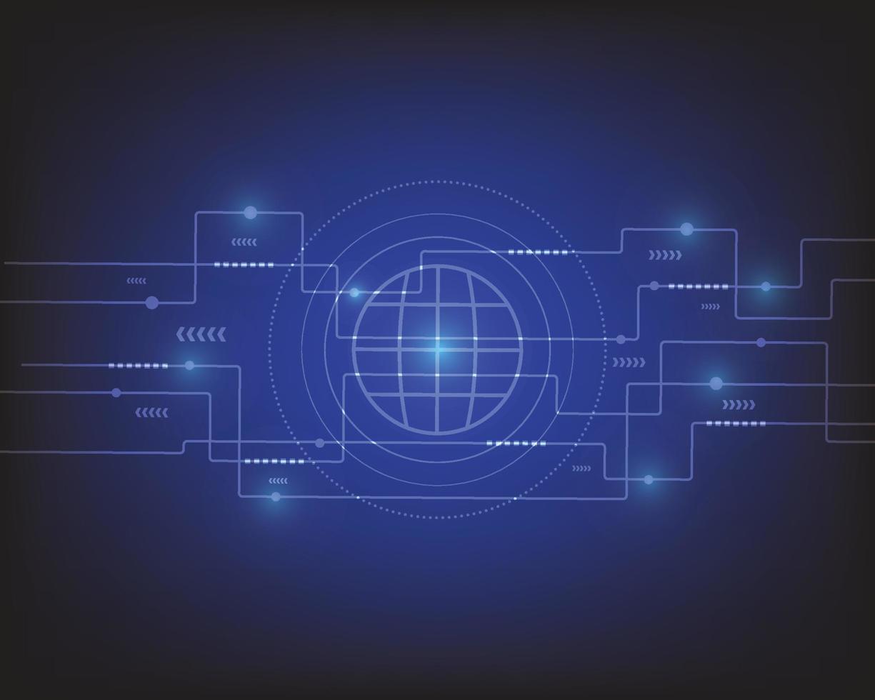 Vector of blue electricity line circuit and world abstract Hi-tech technology background. Innovation concept. Digital art, circuit board.