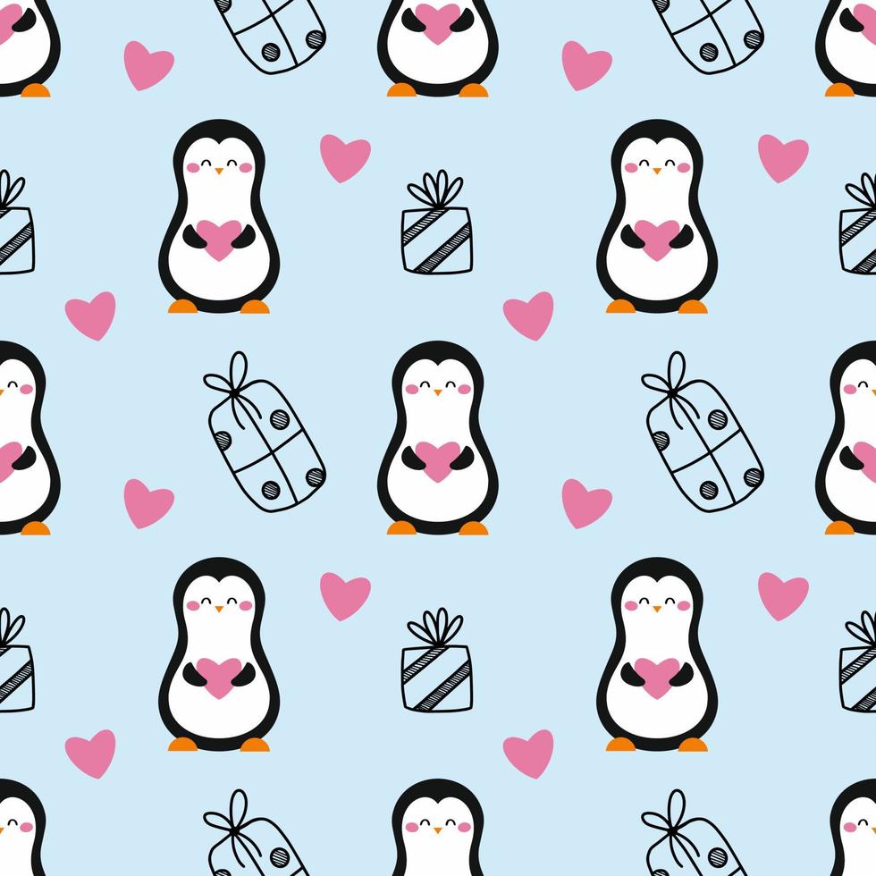 Cute penguin and pink heart. Blue seamless pattern. Tailoring of winter clothes and printing on fabric. Packing paper. Christmas and New Year. Gift in doodle style. vector