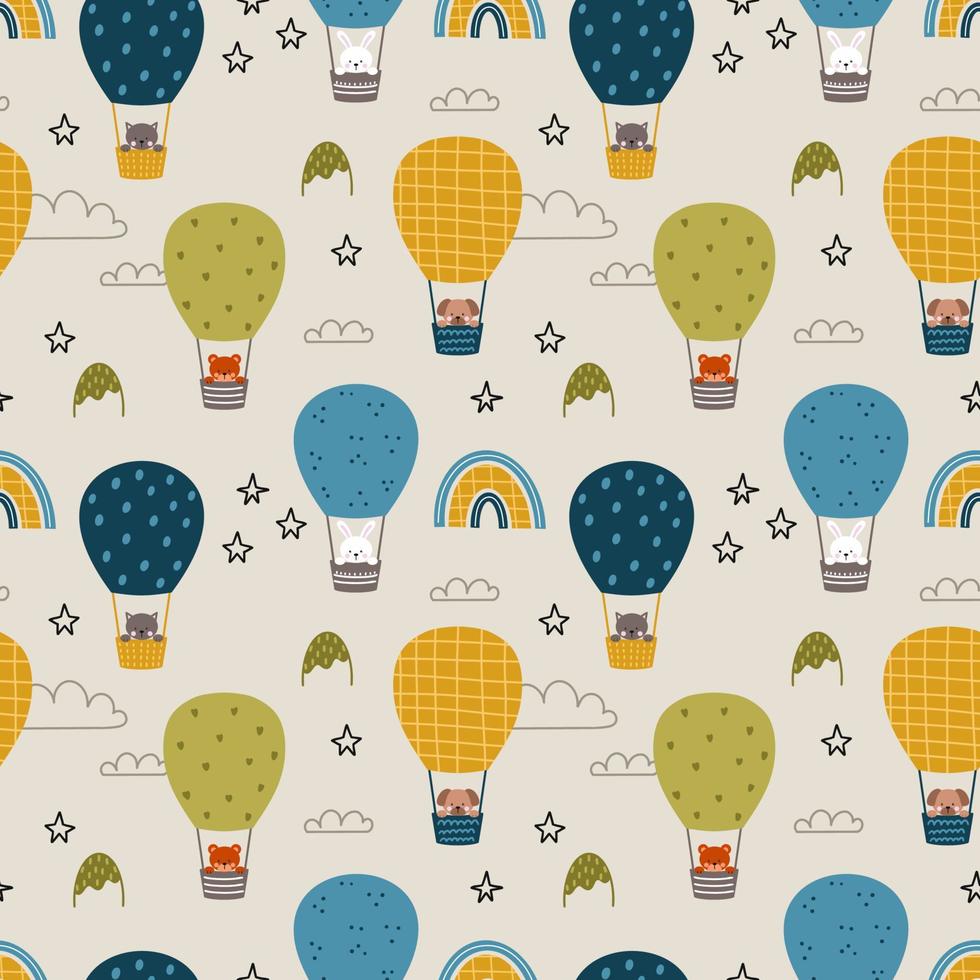 Animals fly in air balloon. Seamless pattern for children room. Endless background for printing on fabric and wrapping paper. Cute baby illustration. vector