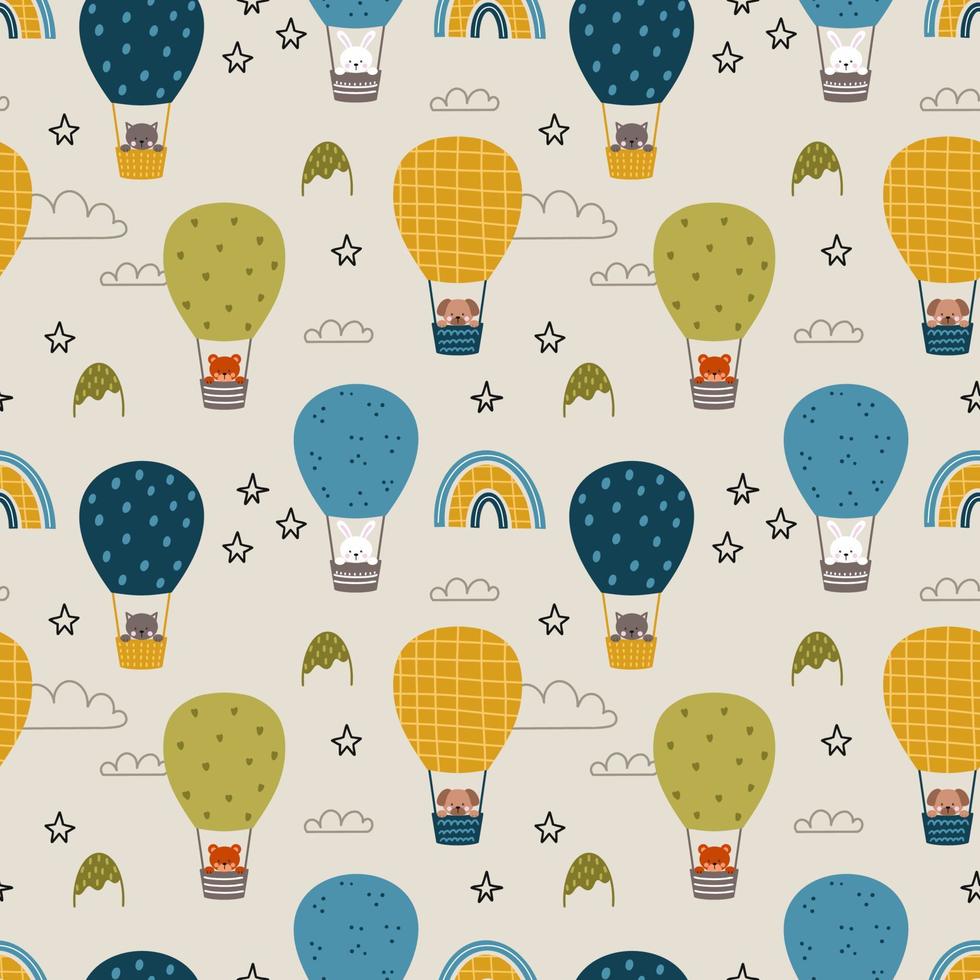 Animals fly in air balloon. Seamless pattern for children room. Endless background for printing on fabric and wrapping paper. Cute baby illustration. vector