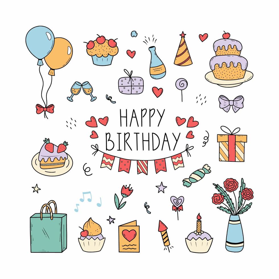 Happy Birthday. Set of doodle icon and beautiful inscription. Decor of postcard. Hand drawn illustration. Sticker. vector