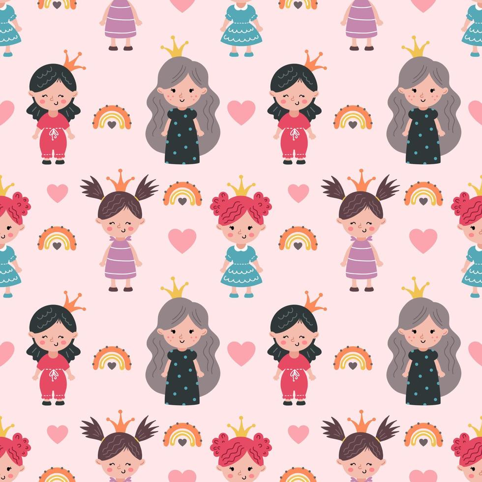 Cute princess with crown on head. Pink pattern for girl clothes. Fairy and rainbow. Seamless background in nursery. Printing on fabric and wrapping paper. vector