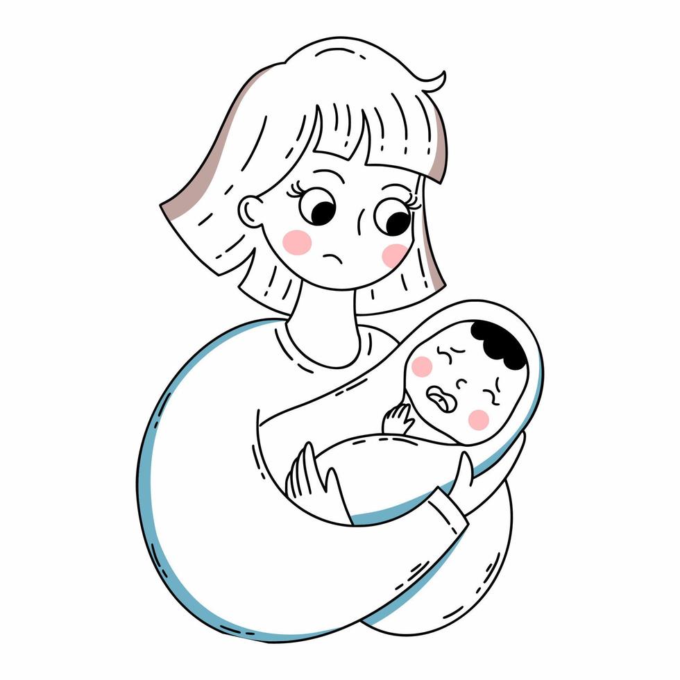 Sad mom holds crying baby in her arms. Mother and infant. Vector doodle illustration.