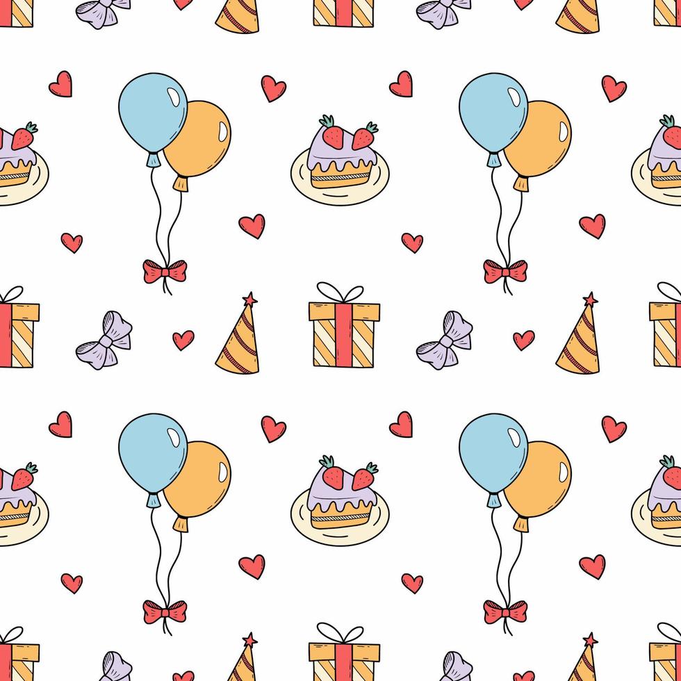 Seamless birthday pattern. Festive illustration for printing on fabric and wrapping paper. Balloon, gift and cake. vector