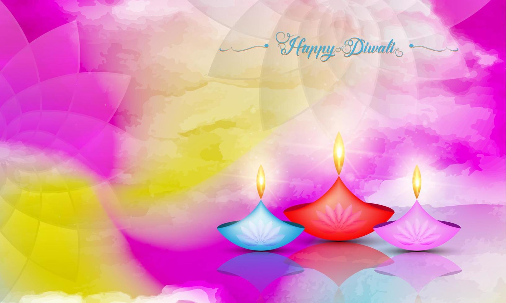 Happy Diwali Festival of Lights India Celebration colorful template. Graphic banner design of Indian Lotus Diya Oil Lamps, Modern Design in vibrant colors. Vector art style, watercolor background