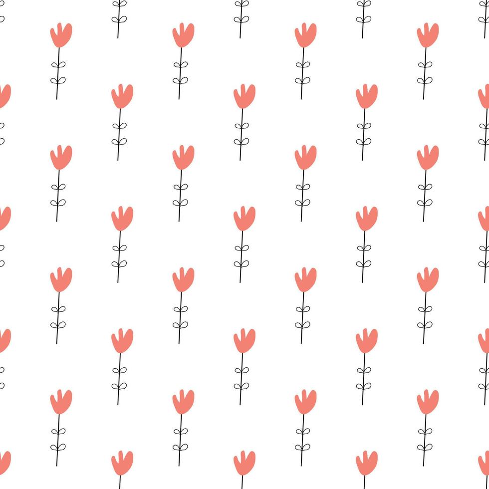Floral seamless vector pattern with flowers. Spring flora. Simple hand-drawn kids style. Pretty ditsy for fabric, textile, wallpaper. Digital paper in white background