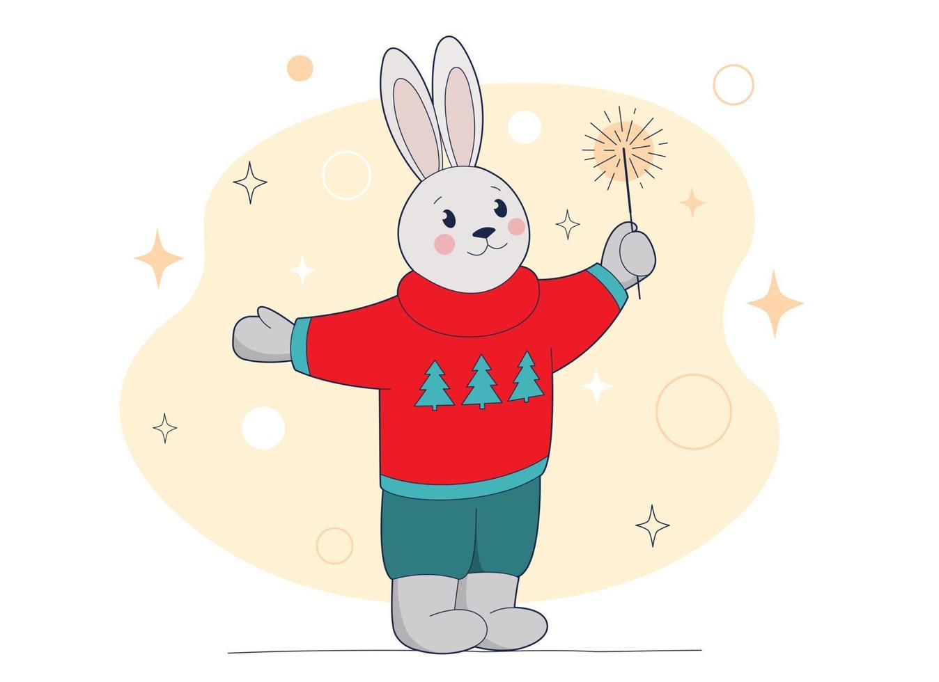 Funny rabbit in sweater holds Christmas sparkler vector