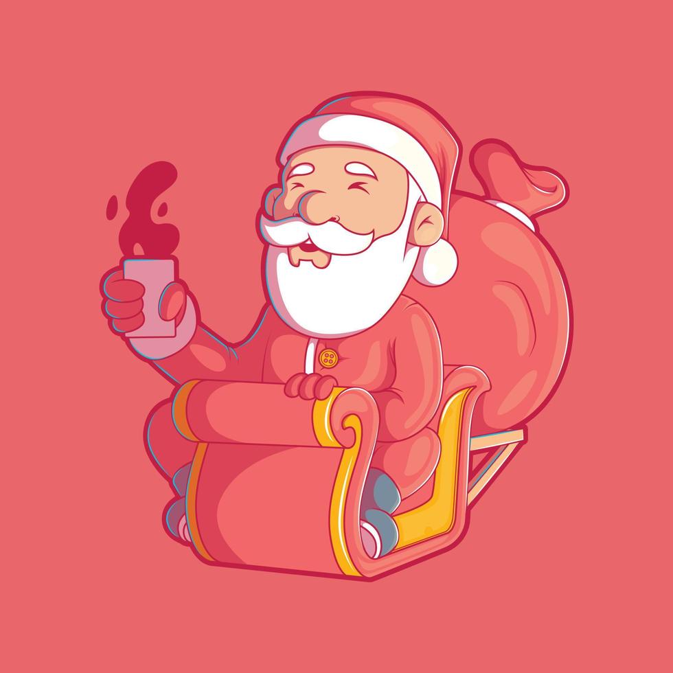 santa en su trineo bebiendo café ilustración vectorial. vacaciones, fiesta, concepto de diseño divertido. vector