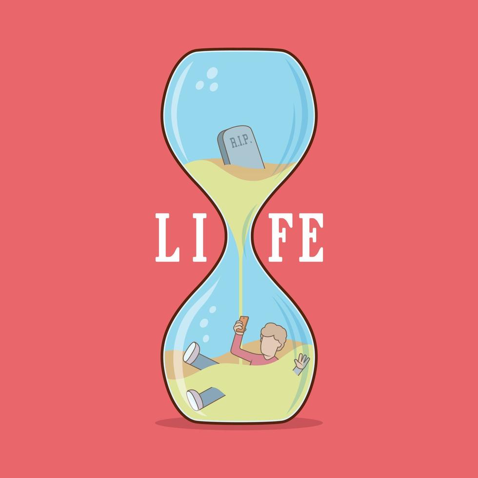 A man inside an hourglass vector illustration. Motivation, inspiration funny design concept.