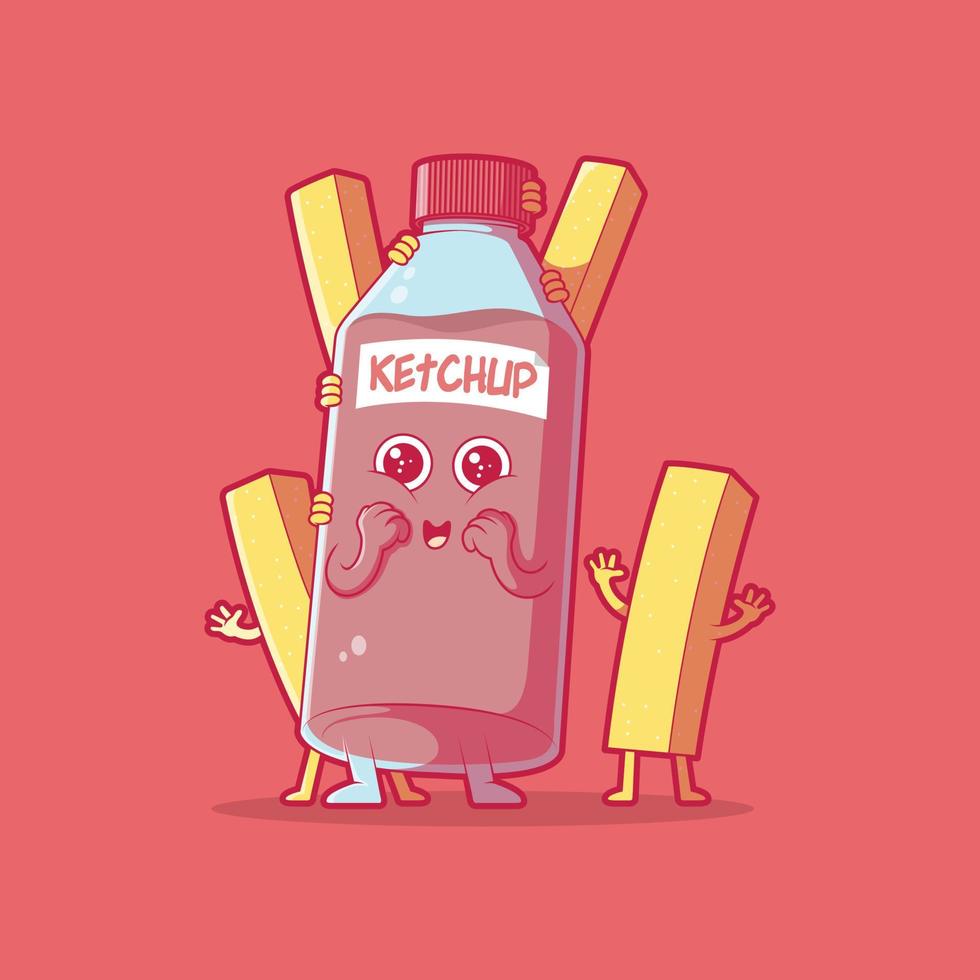 Ketchup and french fries character vector illustration. Food, funny, comics design concept.