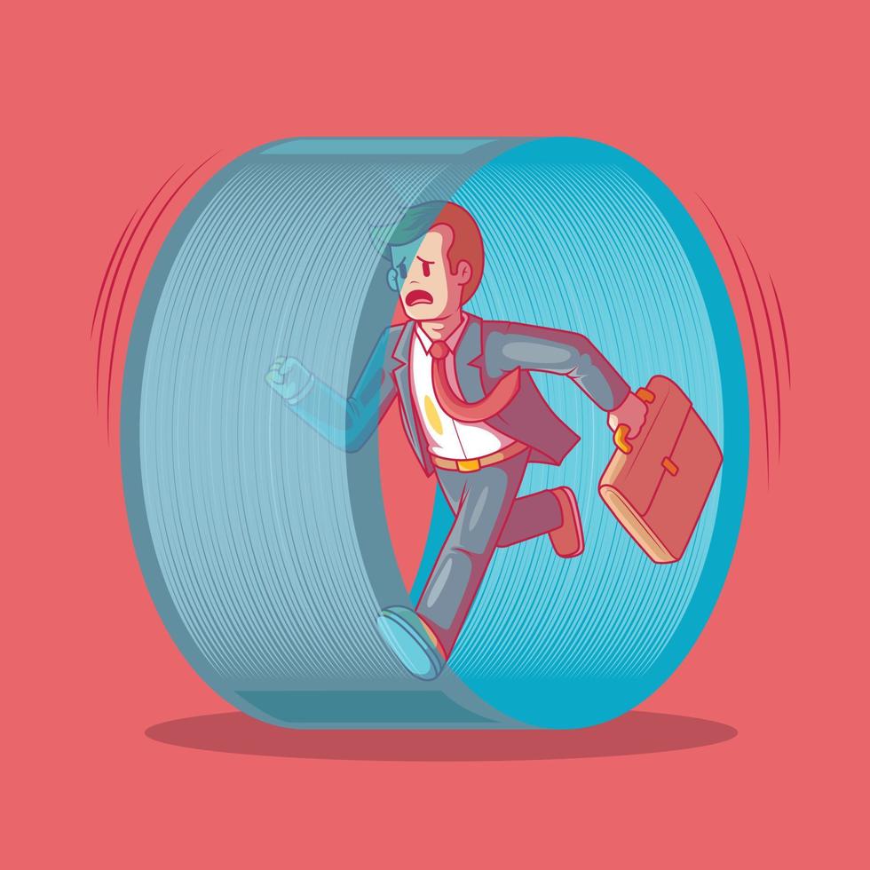 hombre de negocios en un traje corriendo en una ilustración de vector de rueda de hámster. trabajo, motivación, concepto de diseño divertido.