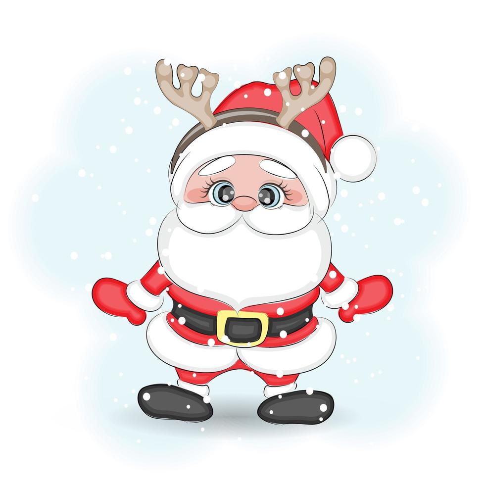Cute cartoon Santa Claus with reindeer antlers, vector illustration