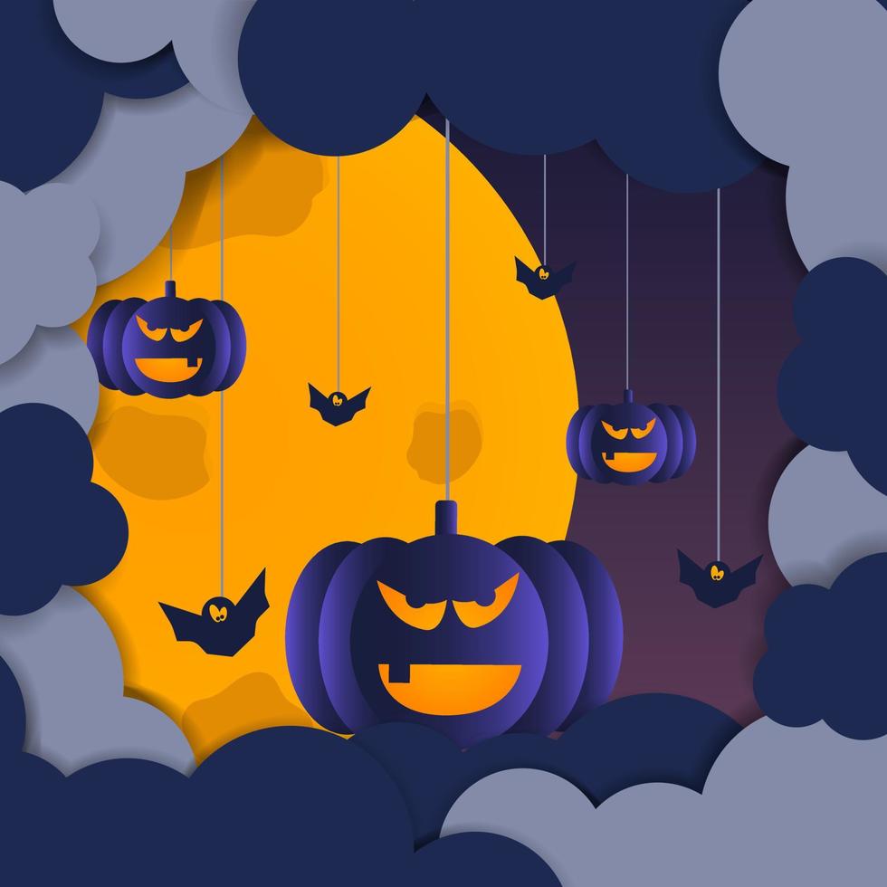 Flat image of dark clouds, night moon, spooky pumpkins and flying mice on a string. Vector elements for banner, holiday greeting card, Halloween party poster.