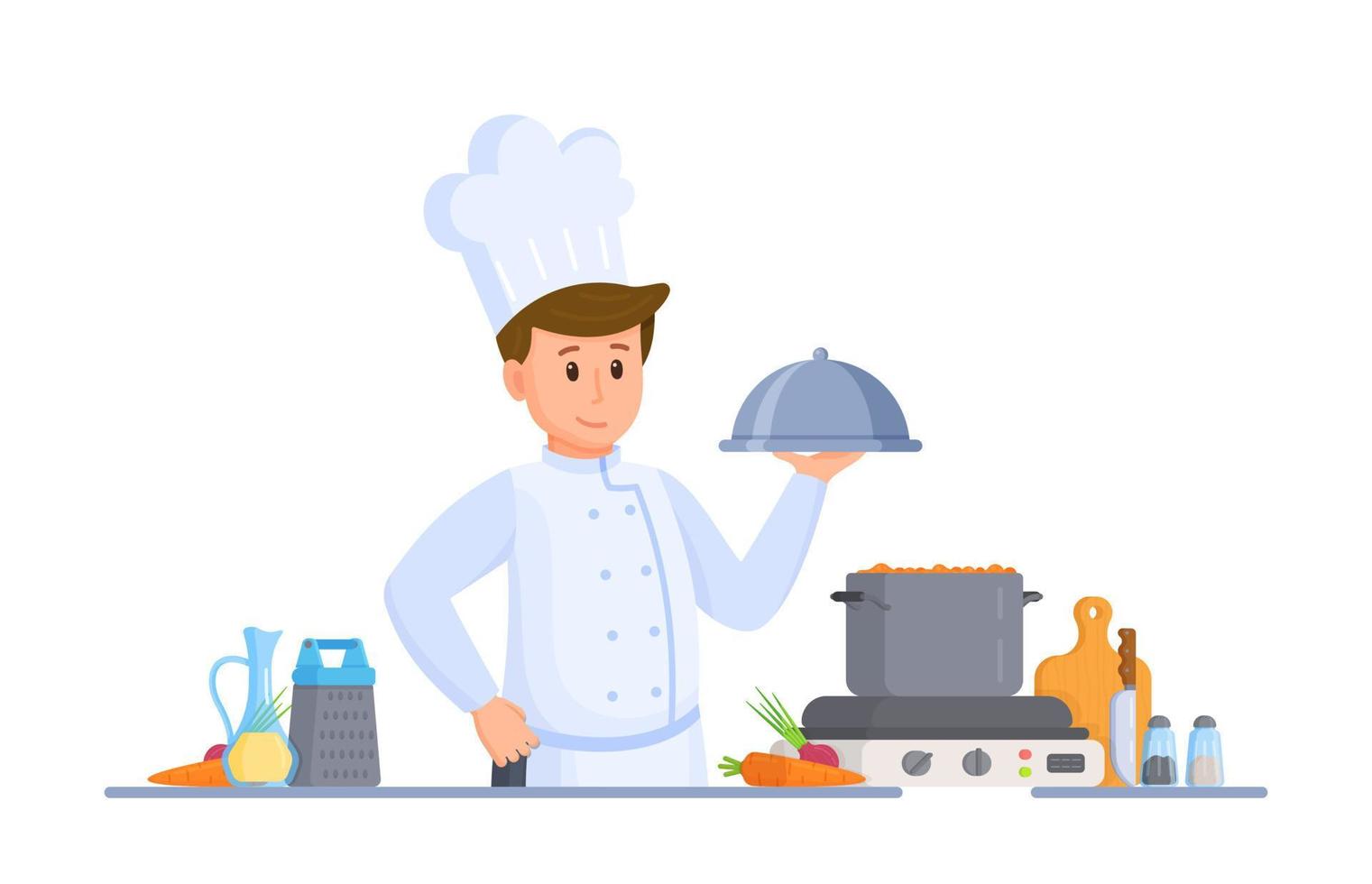 Vector illustration of chef cooking. Cooking in the kitchen. Food at home.