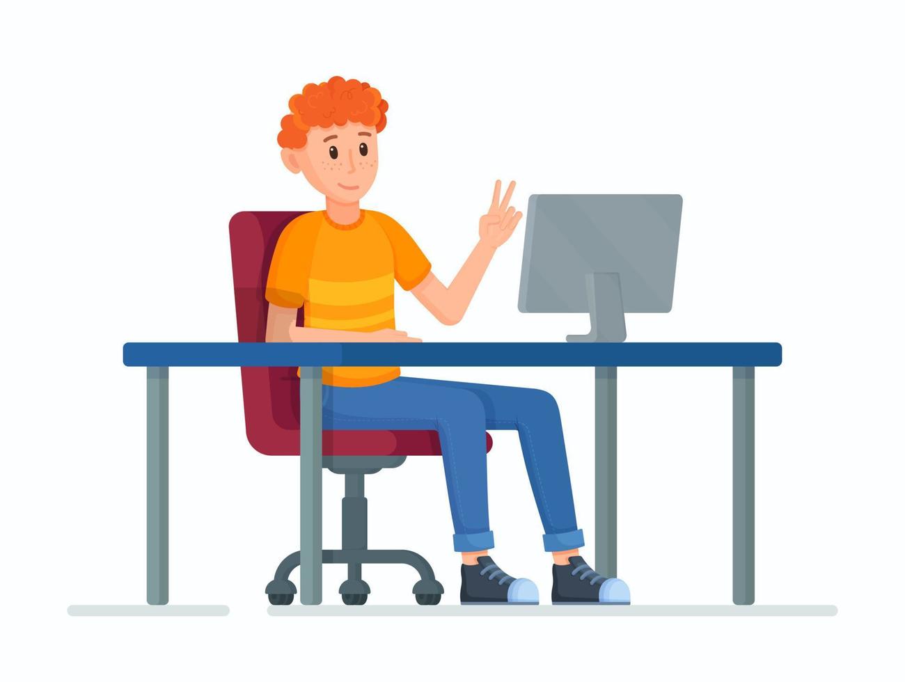 Vector illustration of character at table. Student listening to a lecture.