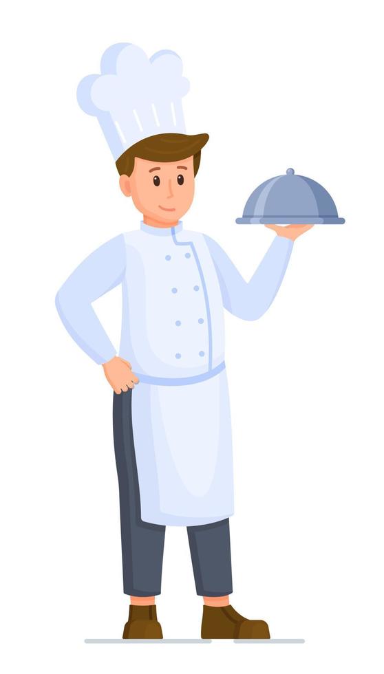 Vector illustration of chef character. Isolated on white background chef with cloche in hand.
