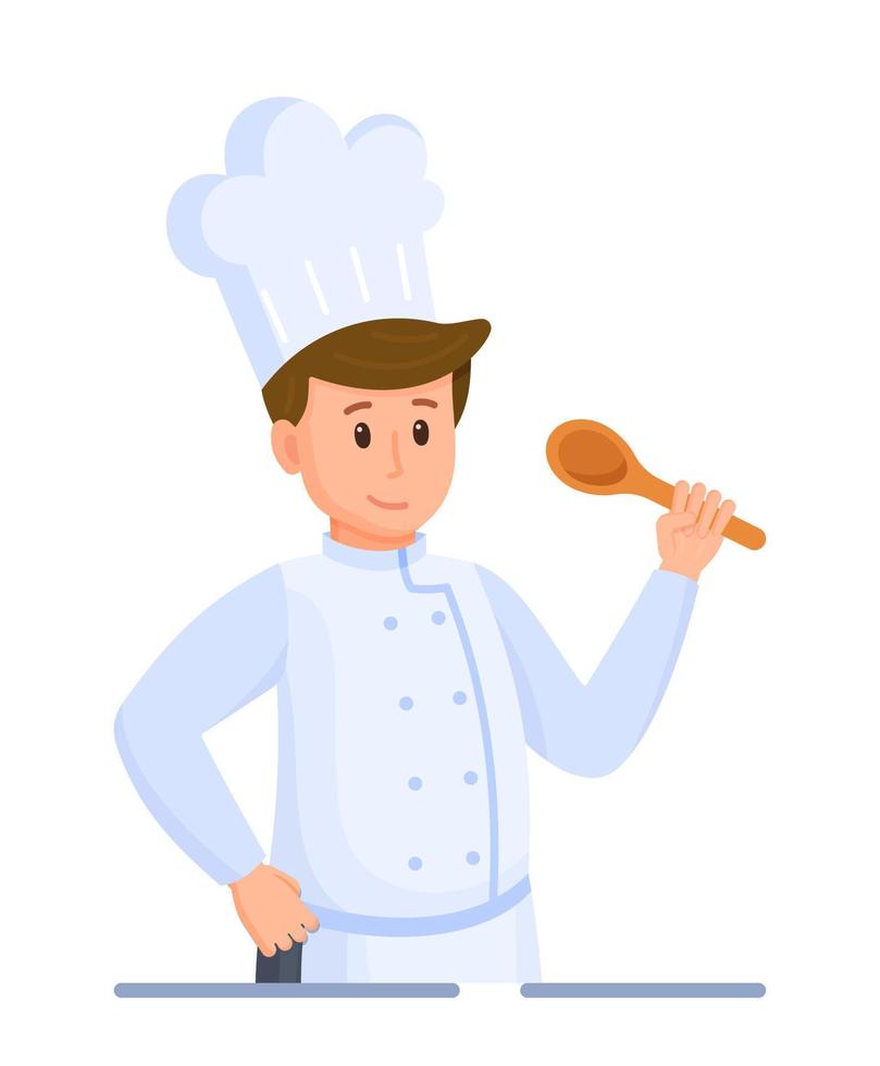 Vector illustration of chef's tasting. Chef on white background. Head chef in a cap symbol or logo.