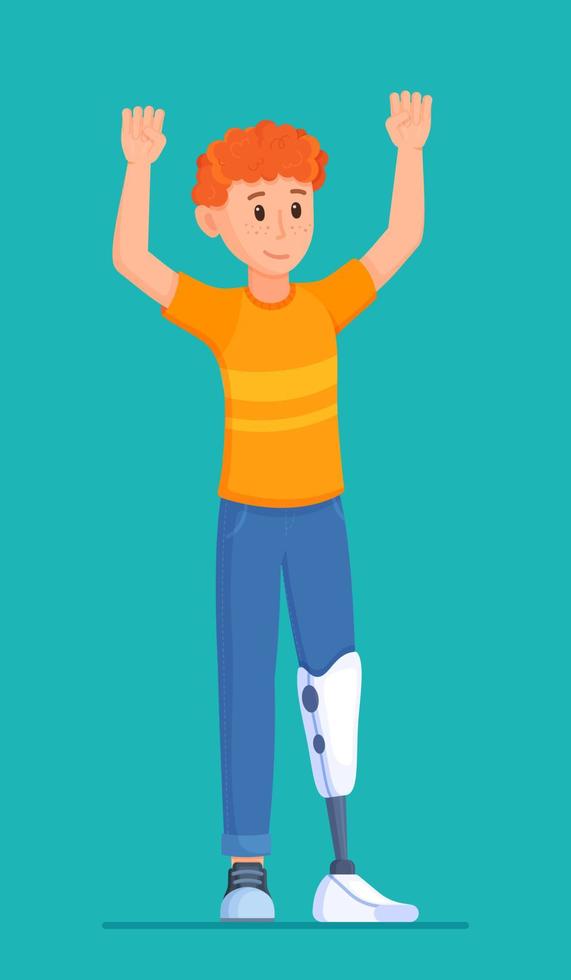 Vector illustration with bioprosthesis. Boy isolated on blue background with prosthesis on his leg.