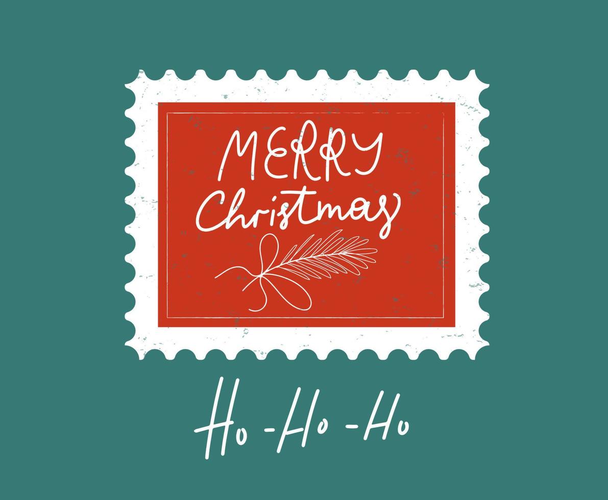 Christmas and Happy New Year postal stamp illustration with lettering