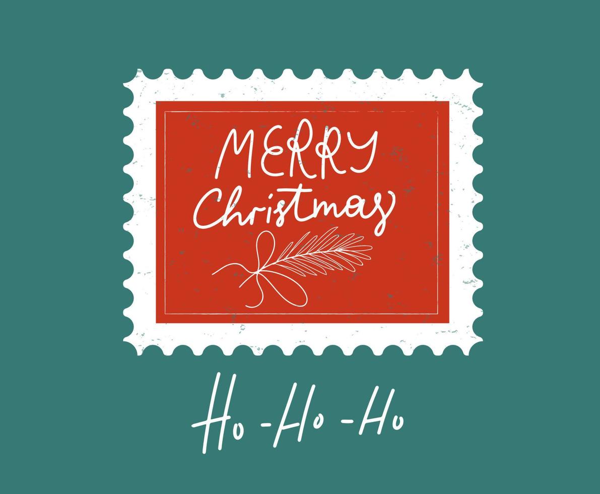 Christmas and Happy New Year postal stamp illustration with lettering and Ho-ho ho sign. vector