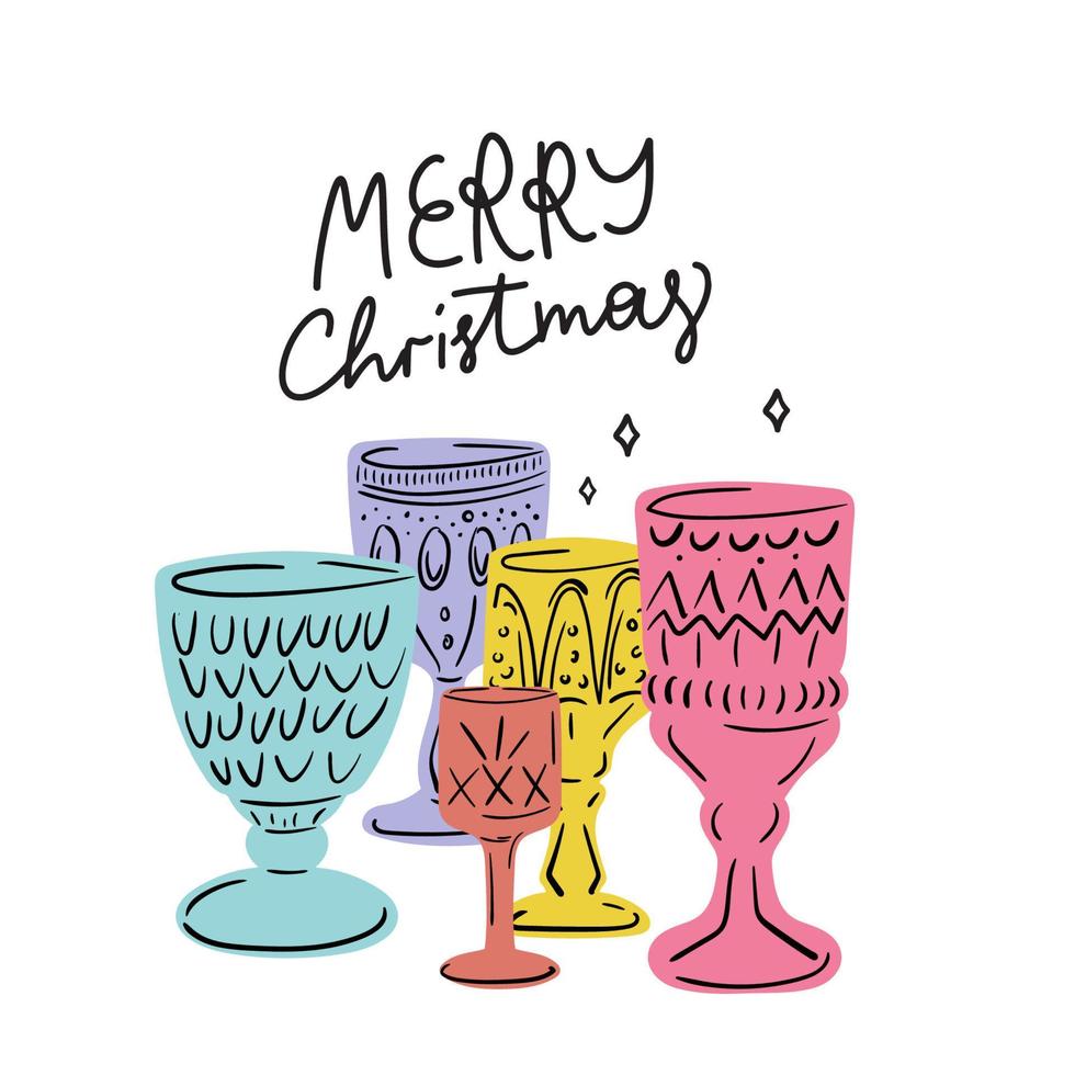 letras de feliz navidad con copas de vino dibujadas a mano. diseño minimalista de tarjetas de felicitación vector
