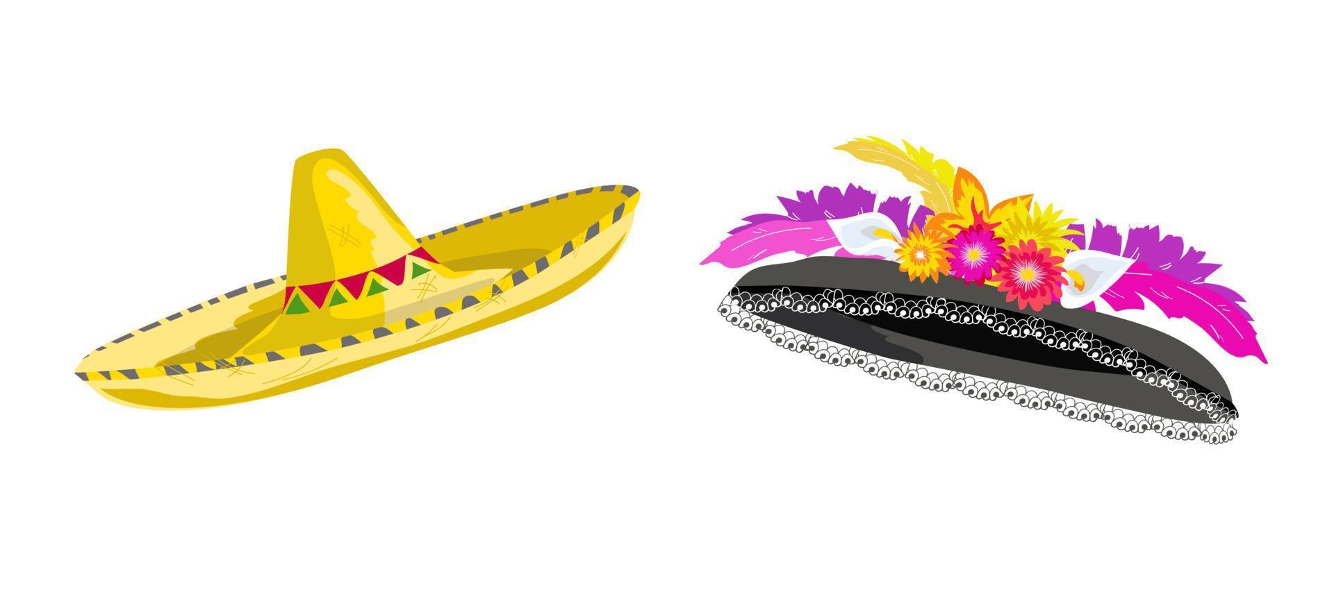 Mexican Hats. Sombrero for Men and Catrina Type Hat for Women. Traditional Wear on the Day of the Dead vector