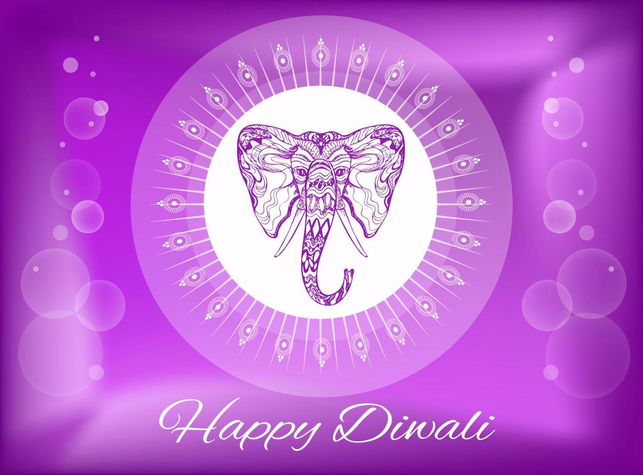 Happy Diwali, Deepawali Hindu Festival of Light Greeting, Tattoo Style Zentangle Ornamental Elephant Face Ganesh, White Ethnic Henna Mandala vector