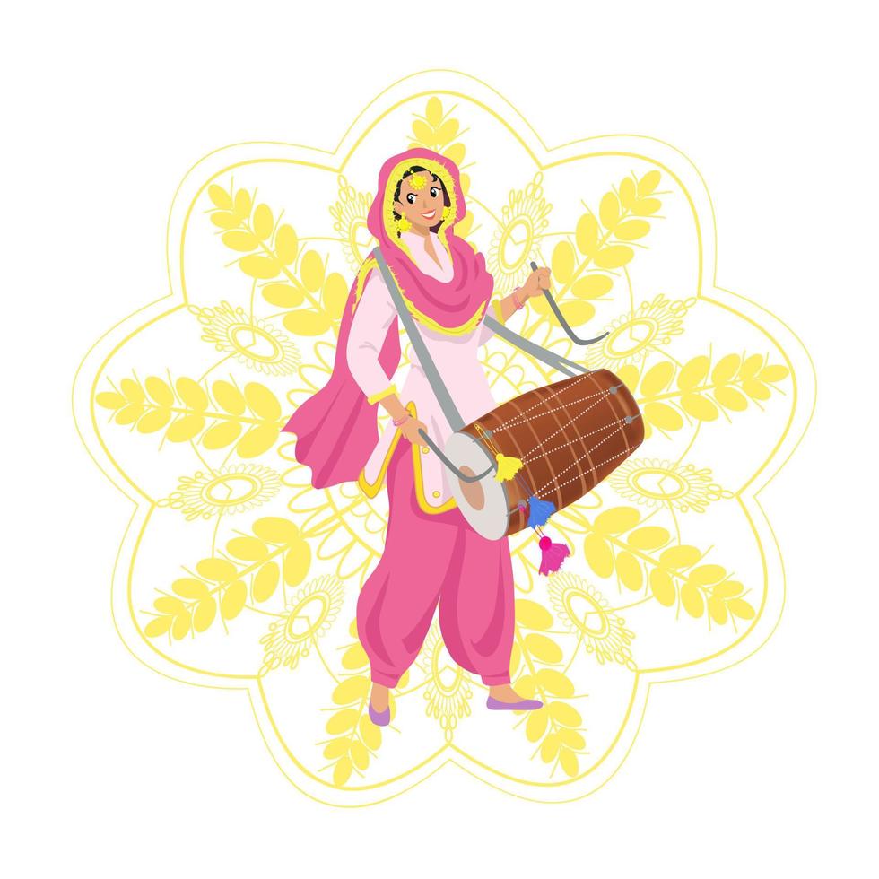 feliz joven mujer sikh en traje rosa punjabi salwar kameez, chal dupatta, tocando el tambor dhol en el festival indio de la cosecha lohri, fiesta. mandala dorado vector