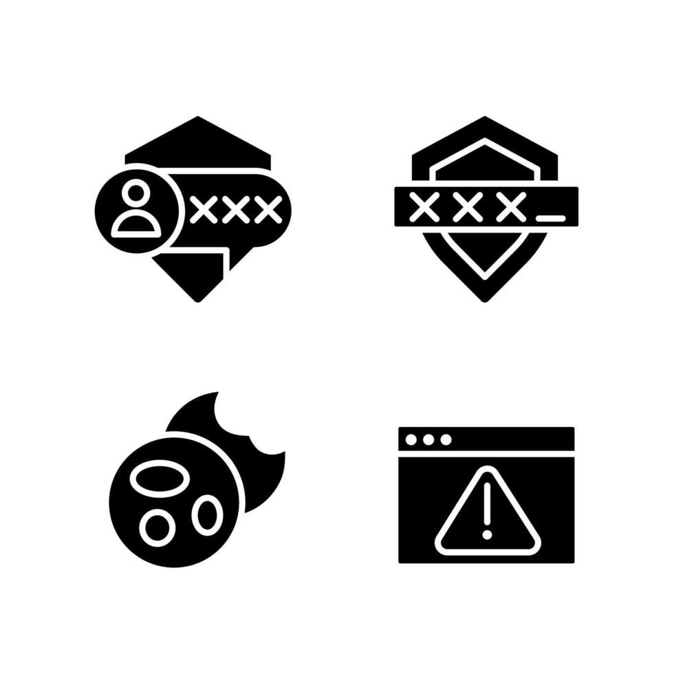 Personal security on internet black glyph icons set on white space. Messages encryption. Browser cookies. Online safety. Silhouette symbols. Solid pictogram pack. Vector isolated illustration